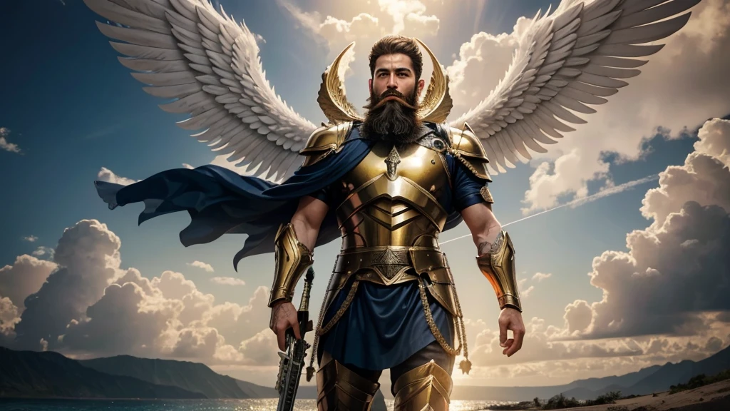 O angel de GOD, Anjo Masculino de GOD, God's doradas Army, naughty man, masculine masculine, mighty, Jewish Hebrew Beard, Detailed Realistic O angel de GOD, photorrealistic, ultra HD, fotorrealism, epic, armors de Guerra, soldier'badass clothing, warrior de GOD, warrior, Macho warrior, battle angel, Forte Angel de GOD, Divina armors de Guerra, Dressed for battle, Spiritual war, Batalha Espiritual, Spiritual Battle Angel, epic warrior do Altíssimo, paisagem photorrealistic, doradas sunset, gold color, Divine gold, Golden Light, sky, sky Power, Detailed realistic sunset, mountainous landscape, Rivers of water, sunset Realism, alone men, GOD man, naughty man'barba, GOD's Army Angel, armors Divina, doradas Army, Silver Army, armors, soldier Angel, Detalhes photorrealistics, GOD's angel masculino, GOD's Army, GOD's Hebrew, GOD's Strong Angel, GOD's Power, angel masculino, naughty man do sexo masculino, Camisa padoru, camisa chic, Closed blouse, closed shirt, long-sleeve shirt, doradas, Tunica, GOD'angel, barba, naughty man com barba, Large Beard, Barba Judaica, Hebrew, panorama, Alpha Male, Caminho para o sky, heavenly, Detailed 8K realistic image, Contraste photorrealistic 16K, Nitidez photorrealistic 8K, Núcleos 4K photorrealistics, Sombras photorrealistics 16K, Texturas photorrealistics 8K, Textura photorrealistic 16K, Luz photorrealistic 4K, fotorrealism 4K, FullHD 4K Detailed Contrast, detailed sharpness FullHD 8K, detailed sharpness FullHD 4K, detailed sharpness, 2K detailed colors, lifelike colors, FullHD Detailed Shadows, 4K Detailed Textures, detailed texture, padoru, natural beautiful, chic