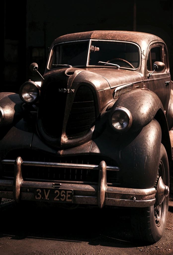old car, 3d, ultrarealistic, darkness background, side view