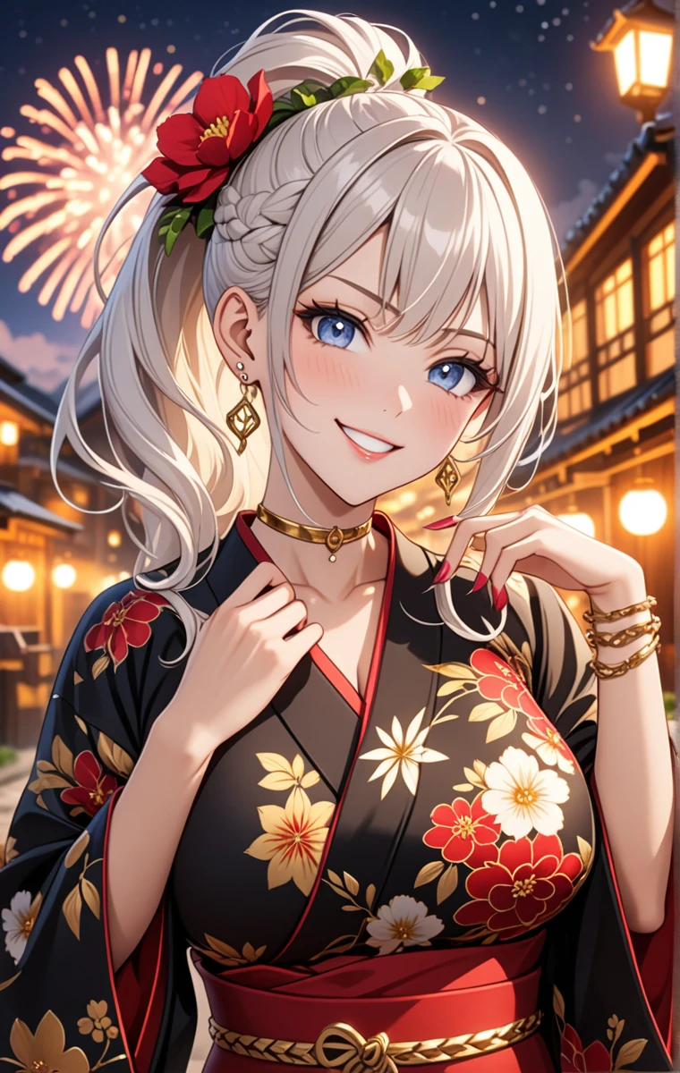 ((One personの女性)), Pretty face, Beautiful Face, (Laughing embarrassedly), (smirk:1.4), ((Wink:1.3)), (head tilt:1.3), Laugh with your mouth wide open, upper teeth, looking at viewer, ((full-face brash:1.5)), Glossy Red Lips, ((Big Breasts:1.4)), night,Rural landscape, firework, Glossy Red Lips, (Shining Face), ((Anime style background)),masterpiece, Highest quality, so beautiful,up to date, Complex details, (Pink long nails), (nail art), (Gold Ring),(Gold bracelet),(Gold floral choker), (helix piercing:1.7), AI-generated, Complex,High resolution, Highest quality, super high quality,3D Images、3D Images,One person,Long white hair,High Ponytail, Anime woman posing for a photo, ((silver eyes:1.6)), ((Fine grain、blue eyes、Shining Eyes:1.3)), (Squint your eyes:1.1),a hyperRealistic , hyperRealistic , Realistic,Anime woman with long white hair, Smooth anime CG art, (A woman in a colorful kimono with gold embroidery), ((Black long sleeve kimono:1.3)), Red floral pattern,(Long flower hair ornament),Floral Earrings,Mature Body,Abdominal muscles,Tight waist, ((Zoom in on face:1.6)),