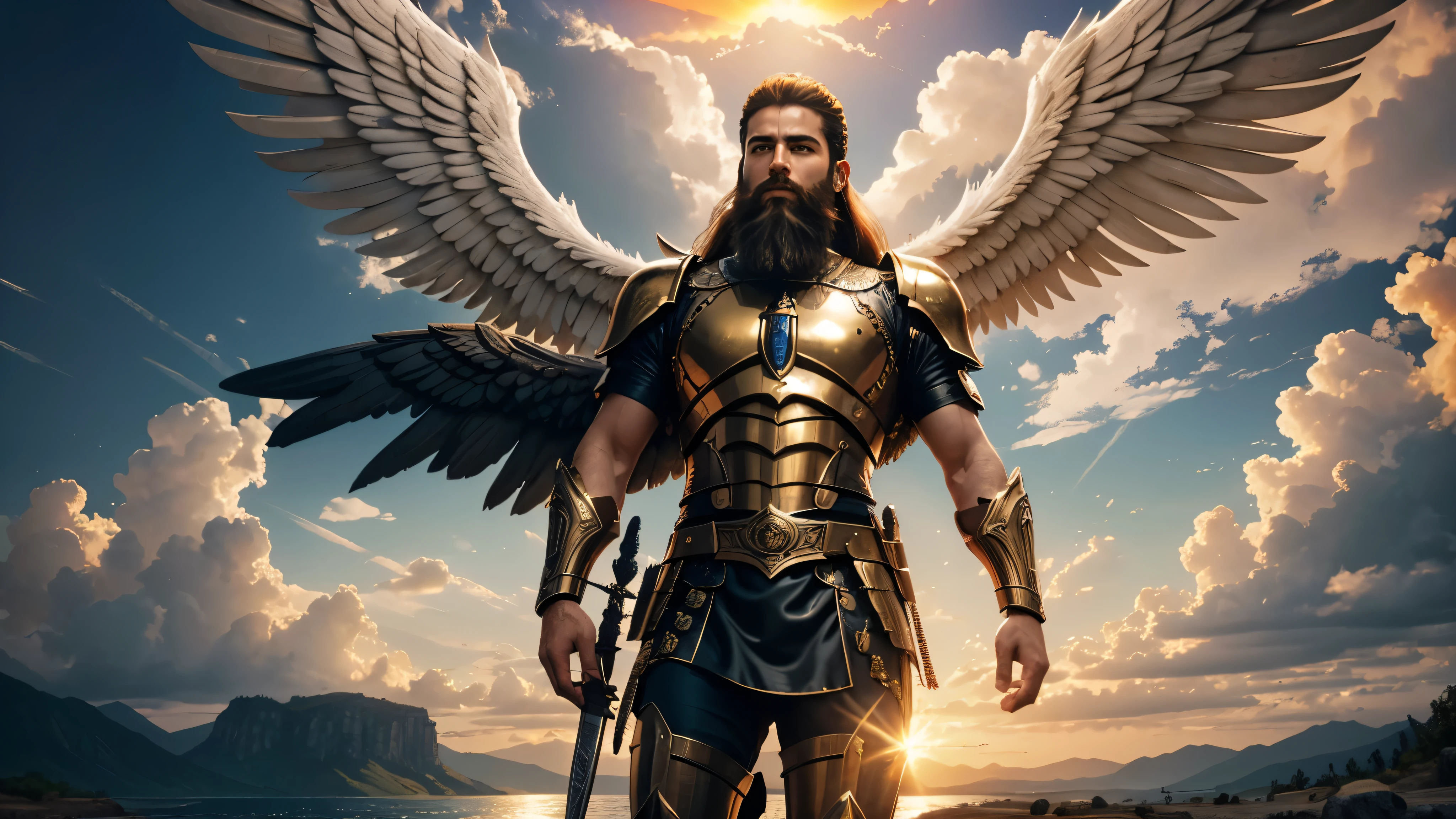 God's Angel, Anjo Masculino de GOD, God's golden Army, naughty man, Masculine Male, mighty, Jewish Hebrew Beard, Detailed Realistic God's Angel, photorrealistic, ultrahd, fotorrealism, epic, armour de Guerra, Soldier's Clothing, warrior de GOD, warrior, Macho warrior,
battle angel, Forte Angel de GOD, Divina armour de Guerra, Dress for Battle, Spiritual war, Batalha Espiritual, Spiritual Battle Angel, epic warrior do Altíssimo, photorealistic landscape, golden sunset, sky, sky Power, Detailed realistic sunset, mountainous landscape, Rivers of water, sunset Realism, alone men, GOD man, Man's beard, GOD's Army Angel, armour Divina, golden Army, Silver Army, armour, Soldier Angel, Detalhes photorrealistics, GOD's angel masculino, GOD's Army, GOD's Hebrew, GOD's Strong Angel, GOD's Power, angel masculino, male man, Camisa padoru, elegant shirt, Closed blouse, closed shirt, long-sleeved shirt, golden, Tunica, GOD'angel, barba, naughty man com barba, Large Beard, Barba Judaica, Hebrew, panorama, Alpha Male, Caminho para o sky, heavenly, 8K Detailed Realistic Image, 16K Photorealistic Contrast, 8K Photorealistic Sharpness, Photorealistic 4K cores, 16K Photorealistic Shadows, 8K Photorealistic Textures, 16K Photorealistic Texture, 4K Photorealistic Light, fotorrealism 4K, FullHD 4K Detailed Contrast, detailed sharpness FullHD 8K, detailed sharpness FullHD 4K, detailed sharpness, 2K detailed colors, lifelike colors, FullHD Detailed Shadows, 4K Detailed Textures, detailed texture, padoru, natural beautiful, posh
