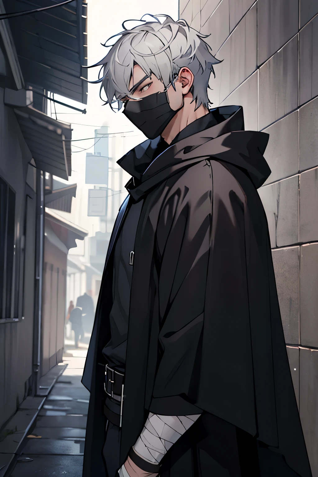 dark Cloak, (male, boy, man, gray skin, White hair, gray hair, silver hair, pale skin, gray skin), armor, темная armor, murderer, black clothes, black Cloak, Predator Eyes, black poncho, Cloak over head, hidden guy, Hidden in the shadows, dark background, shadow born, shady guy, dark armor, bandages through body, bandages in hand, bandages, black mask, маска on mouth, One, masculine, adult man, Hidden ears, Cloaked, Cloak