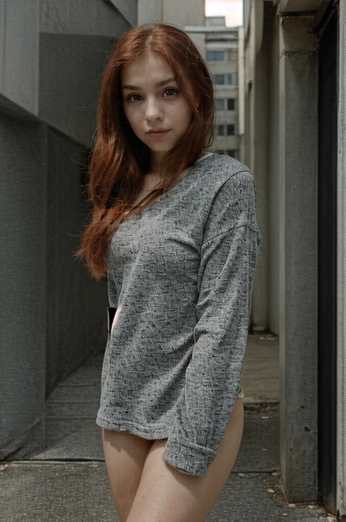 That this girl is dressed casually in an urban environment ,between buildings nestled on a long street