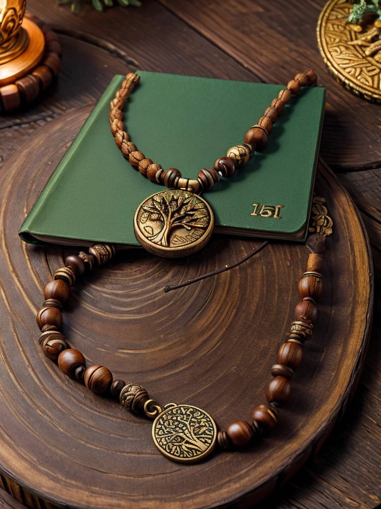 a prayer beads cord of brown beads with metalic medal carved with a tree, on a table, over a book, focus in the medal