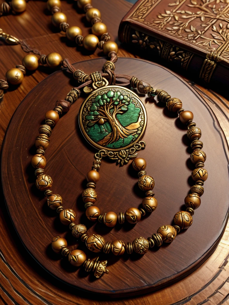 a prayer beads cord of brown beads with metalic medal carved with a tree, on a table, over a book, focus in the medal