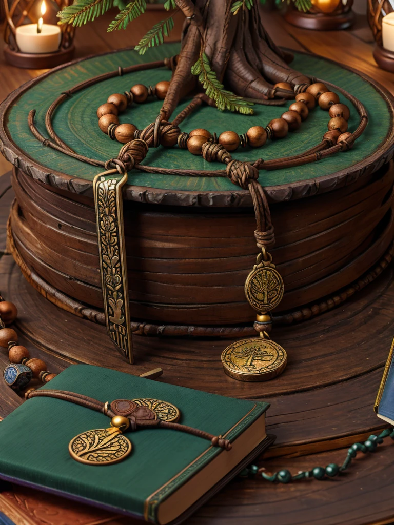 a prayer beads cord of brown beads with metalic medal carved with a tree, on a table, over a book, focus in the medal