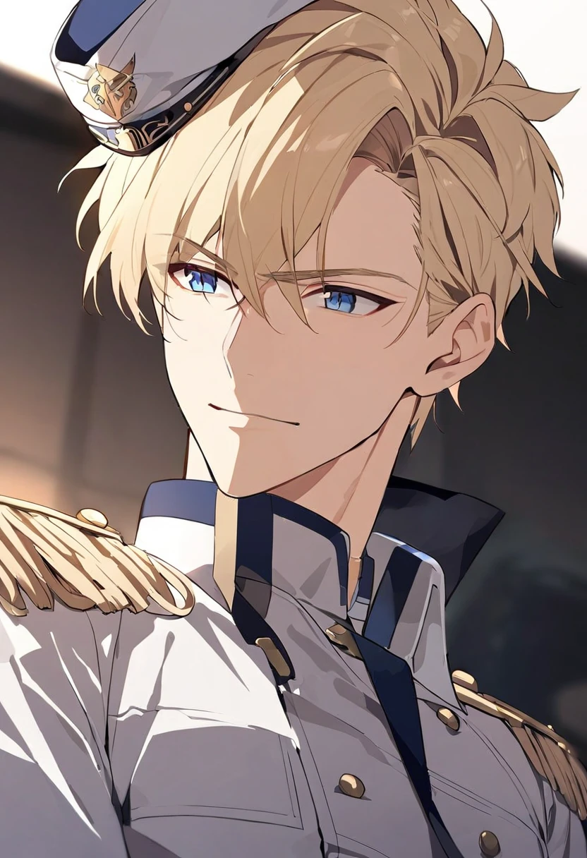 male, adult male, mature, blond, blue eyes, short hair, cap on head, military uniform