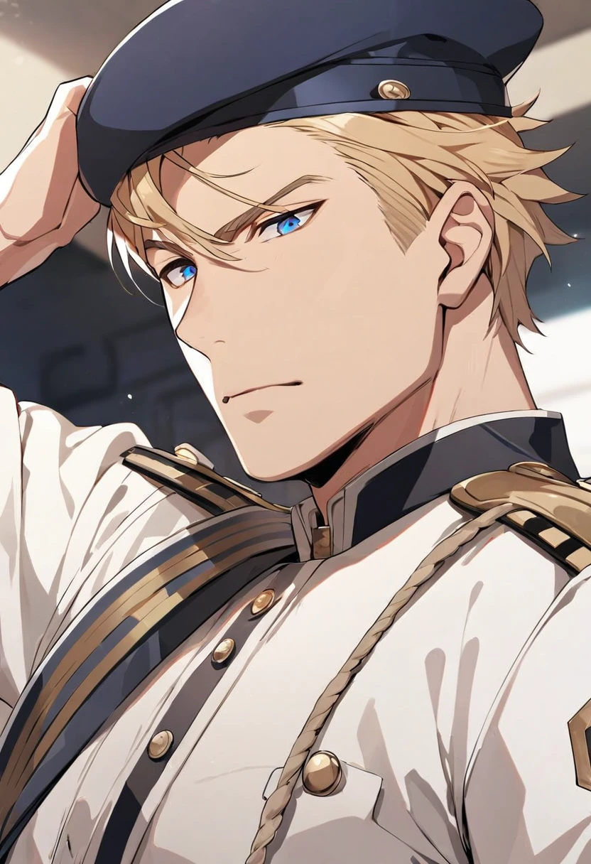 male, adult male, mature, blond, blue eyes, short hair, cap on head, military uniform