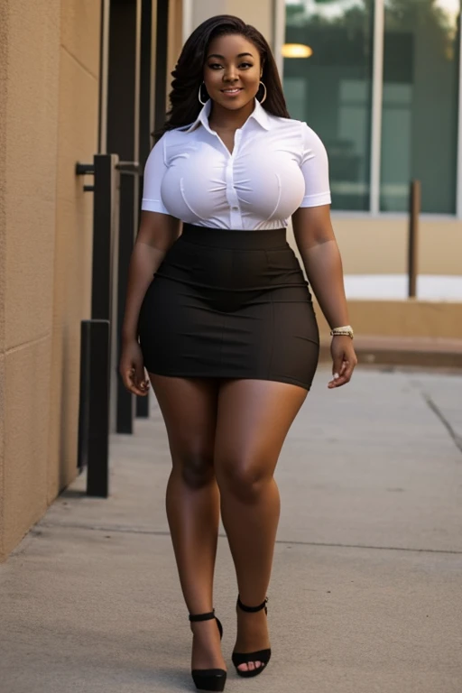 Thick ebony girl with big wearing a very short skirt with a short shirt showing the bottom of her breasts