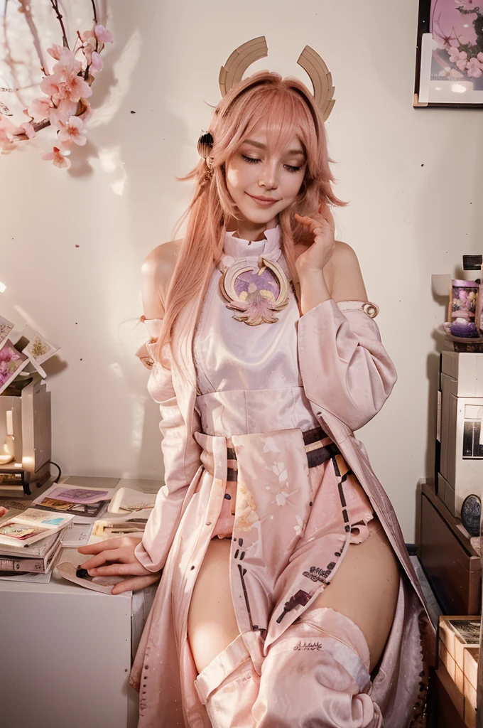 An anime-style girl sits at her desk, bathed in the warm, golden glow of a setting sun. Her room is a cozy, colorful sanctuary filled with potted plants, fairy lights, and posters of her favorite bands. She wears oversized headphones, lost in the dreamy beats of lo-fi music, her eyes gently closed and a serene smile on her face. The gentle hues of pinks, purples, and blues create a calming ambiance, blending perfectly with the music notes floating around her. In the background, a cat naps lazily on the windowsill, while outside, cherry blossom petals drift in the breeze. The overall scene is vibrant, peaceful, and inviting, capturing the essence of relaxation and focus.