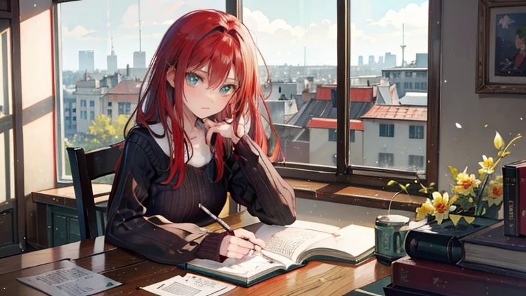 Kizi, 18-years old, red hair, greeneyes, writing in notebook on your study table, in your room, next to large window overlooking the city. On the table there are 2 books and a cup of tea and his little cat. on the shelf with books there is a small vase with flowers.