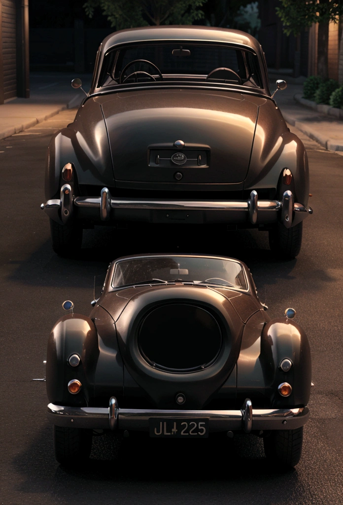 vintage cars, 3d, ultrarealistic, darkness background, side view