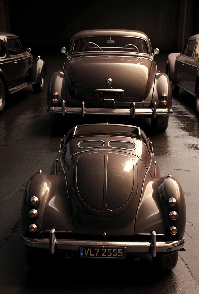 vintage cars, 3d, ultrarealistic, darkness background, side view
