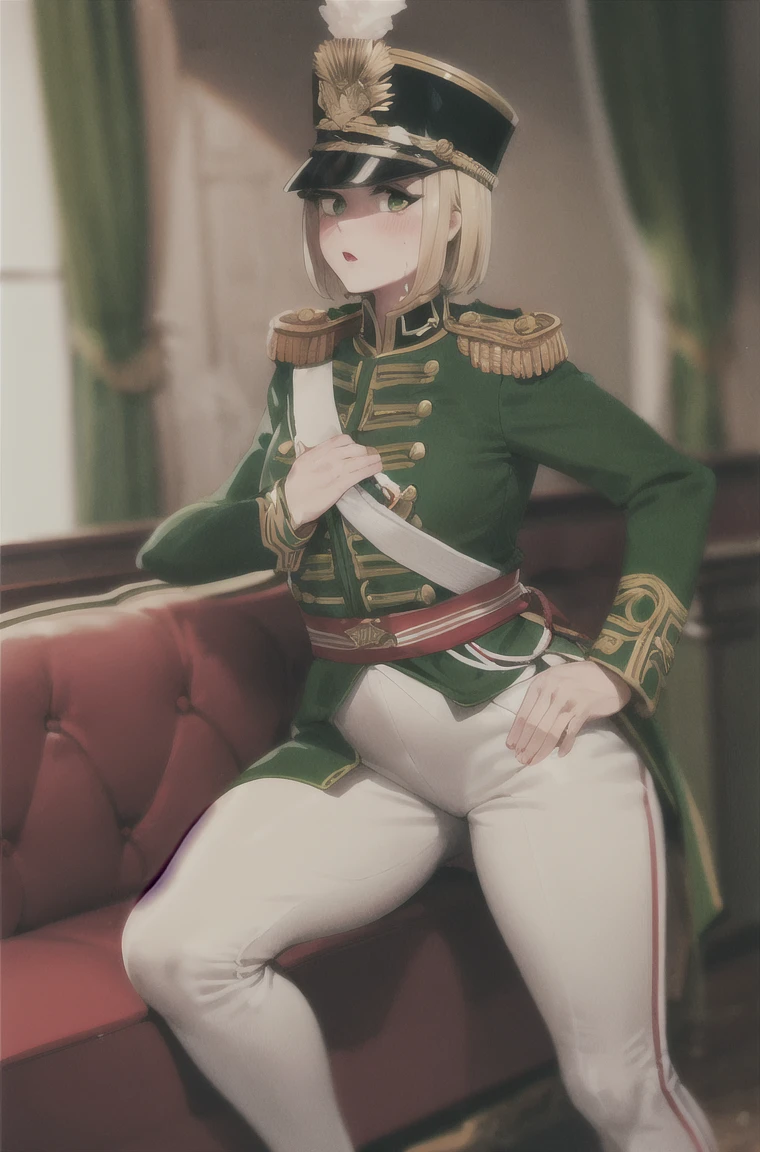 masterpiece, Highest quality, Absurd, High resolution, Very detailed, One Girl,  army_uniform, uniform, Sitting, have, Epaulettes ,army, white_pants, green_Jacket,shako have,Napoleon, Infantry Regiment,green coat, green and white hackle, green and white plume, Blonde Bob Cut, green eyes, Conceit, Apply blush all over the face, Large Breasts, slightly larger hips, Tight waist, In a retro room,Pussy,Seduce,wet Pussy,Wet pussy、showing her 