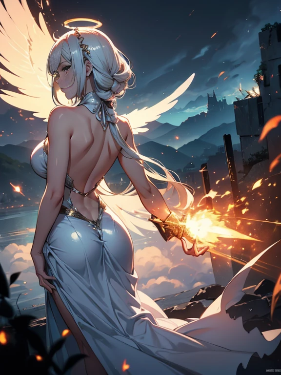 a demon girl floating on the sea water, very long hair, white hair with bluish highlights, thick lips, expression of serenity, (((large curved horns, in the pose of Christ, cloudy and night))), small round breasts, big booty, strong thighs, {extremely detailed 16k CG unit wallpaper}, expansive landscape photography, (a low view with focus on the character, and setting), (wide open field view), (angled shot low), (high light: 1.4), (low light: 1.4), (warm light source: 1.5), complex details, (iridescent colors: 1.4), (bright lighting), (atmospheric lighting), dreamy, unique, dark, perfect reflections, full body