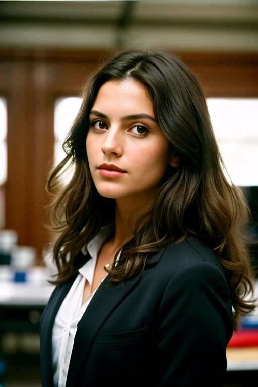 photograph of a woman, (serious facial expression),  brunette skin, long curly dark brown hair, vestimentas: Black Suit,  and mysterious professional, in a workroom whose color and white eyes perfect 160 color support, Shot on ARRI ALEXA 65, bokeh, sharp focus on the subject, filmed by Don McCullin