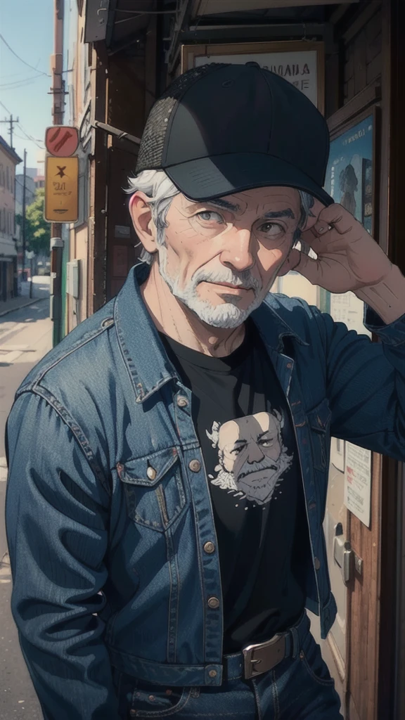 ((best quality)), ((masterpiece)), (detailed), one man, beard, trucker cap on head. bold, friendly face, black shirt, blue jeans, older man, villager, portrait picture, standing neutral