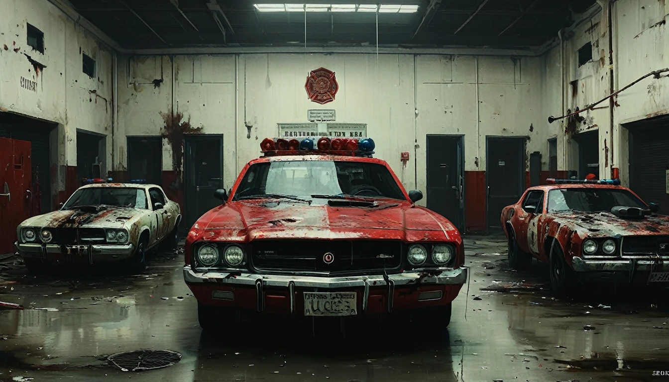 Create an abandoned fire station in an apocalyptic world surrounded by sinister zombies trying to invade