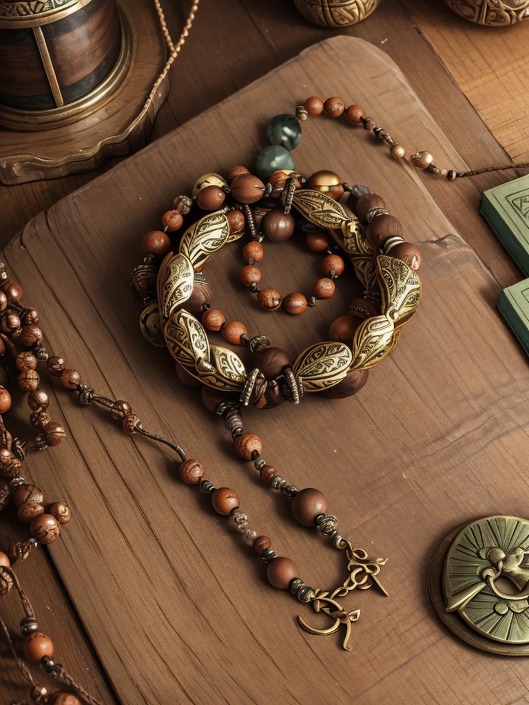 a prayer beads cord of brown beads with metalic medal carved with a tree, on a table, over a book, focus in the medal