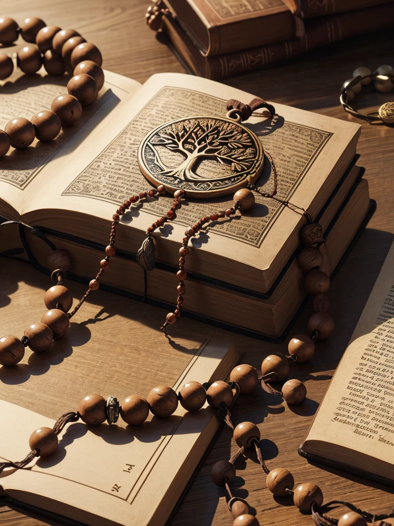 a prayer beads cord of brown beads with metalic medal carved with a tree, on a table, over a book, focus in the medal