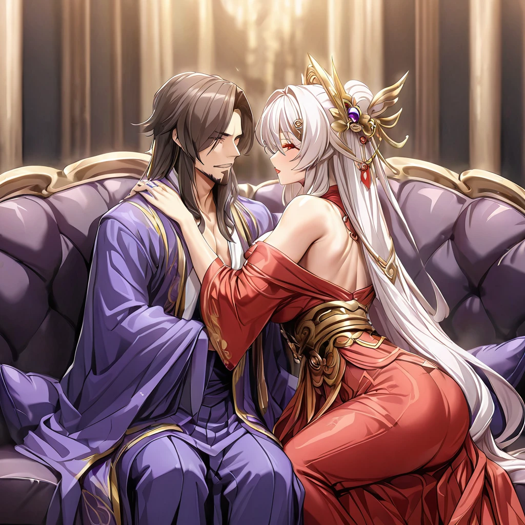 ((Highest quality)), ((masterpiece)), (detailed), (Perfect Face)、The woman is a Chinese woman named Marina Katsuragi, wearing a gorgeous, glittering red Hanfu with lots of gold embroidery, a gorgeous hair ornament, gorgeous jeweled accessories and an engagement ring. The woman and the man are sitting on a gorgeous, large sofa in a gorgeous room, and the woman is passionately embracing and passionately deep kissing the middle-aged Chinese man wearing a dignified and sturdy Hanfu, making passionate love as husband and wife.、The woman is the elegant Marina Katsuragi, a Chinese woman with brown, semi-long hair, wearing a red Hanfu with gorgeous gold embroidery all over it.、The man is a dignified, muscular, bearded, middle-aged Chinese man wearing the traditional Chinese dress, Hanfu.