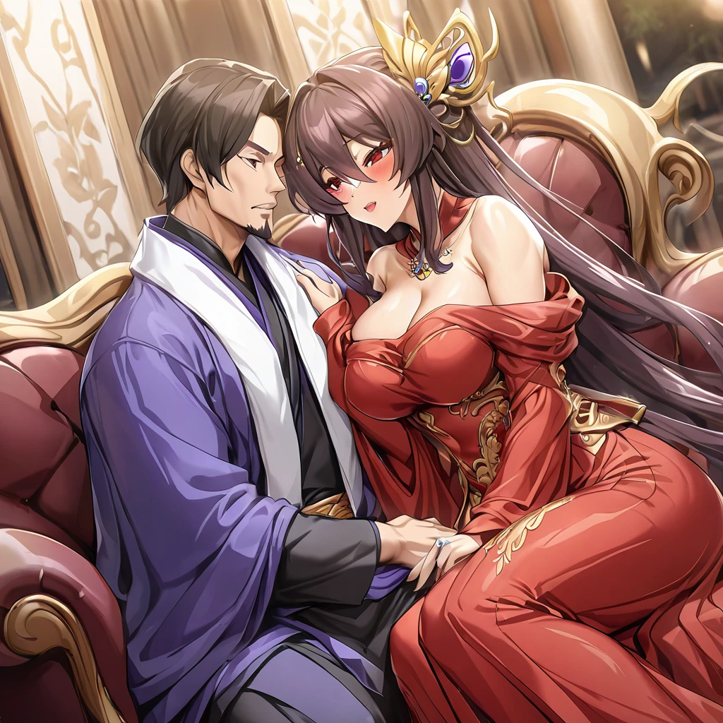 ((Highest quality)), ((masterpiece)), (detailed), (Perfect Face)、The woman is a Chinese woman named Marina Katsuragi, wearing a gorgeous, glittering red Hanfu with lots of gold embroidery, a gorgeous hair ornament, gorgeous jeweled accessories and an engagement ring. The woman and the man are sitting on a gorgeous, large sofa in a gorgeous room, and the woman is passionately embracing and passionately deep kissing the middle-aged Chinese man wearing a dignified and sturdy Hanfu, making passionate love as husband and wife.、The woman is the elegant Marina Katsuragi, a Chinese woman with brown, semi-long hair, wearing a red Hanfu with gorgeous gold embroidery all over it.、The man is a dignified, muscular, bearded, middle-aged Chinese man wearing the traditional Chinese dress, Hanfu.