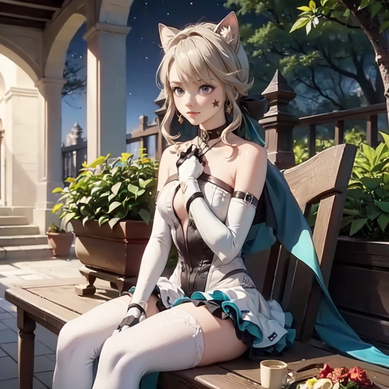 1girl, white maid dress, jewelry, green hair, flowing hair, long hair, white roses, firefly, oriental architecture, maid dress with a short skirt and layers, white laces, white boots, white dress with transparency, gold details on her clothes, cat ears, animal ears, outside, outdoor, seat on the water, meteor falling in the sky, white roses, grass flowers, more details, perfectly body, perfectly hands, two hands, two legs, two arms, five fingers, glowing hair, best quality, cat ears, animal ears, tail ornament, tail bow, white gloves, two cat tail, white gloves, alone, maid headdress, choker, garden scenery, detached sleeves, maid dress, maid white dress, strapless, masterpeice, best quality, detailed face, night, mobius (honkai impact), honkai (series), honkai impact 3rd, asymmetrical gloves, bangs, white short skirt , white gloves, white boots, earrings, elbow gloves, fishnet thighhighs, fishmasterpeice, solo, best quality, detailed face, gloves, green eyes, green hair, hair between eyes, jewelry, long hair, looking at viewer, single earring, sky, sleeveless, solo, thigh boots, thighhighs, tongue, tongue out, uneven gloves, sitting, cat ears, animal ears, cat tail, holding a ice cream