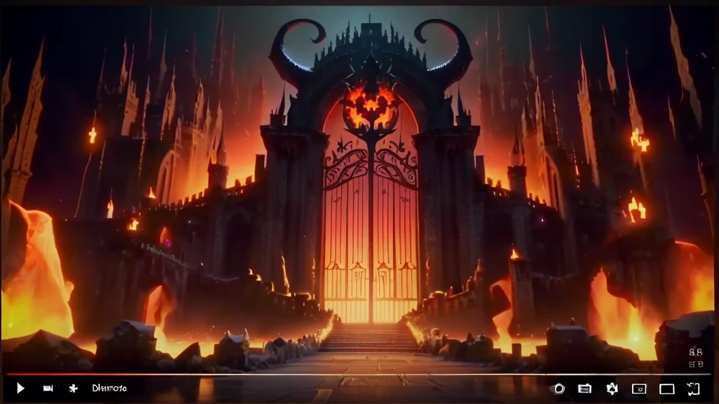 a close up of a video screen with a castle in the background, gate to hell, the gate to hell, the gates of hell, gates of hell, an evil villain's lair, evil lair, dan mumford. octane render, majestic occult gates, portal to hell, youtube video screenshot, evil realm magic painting vibes, the entrance of valhalla