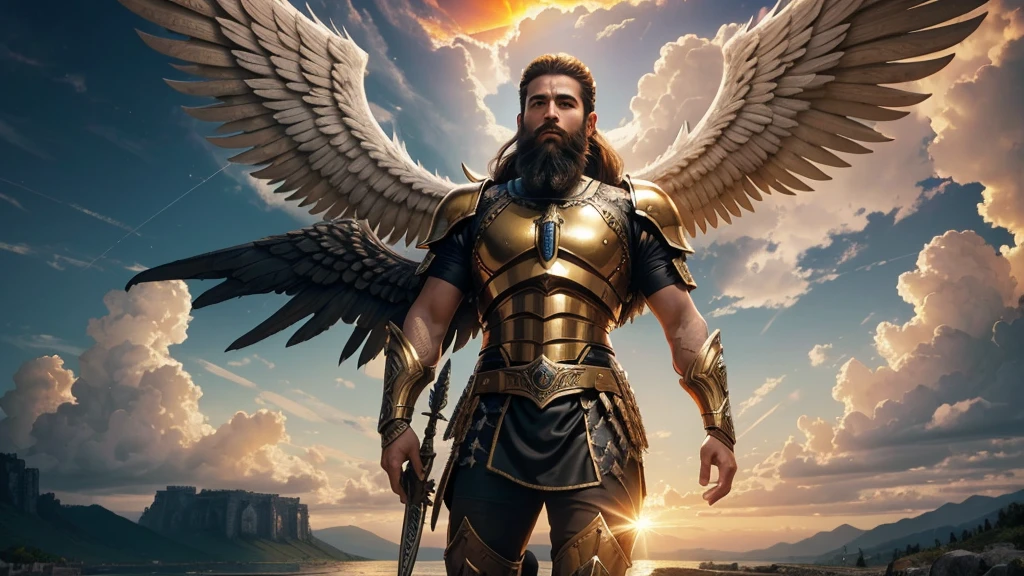 God's Angel, Anjo Masculino de GOD, God's golden Army, naughty man, Masculine Male, mighty, Jewish Hebrew Beard, Detailed Realistic God's Angel, photorrealistic, ultrahd, fotorrealism, epic, armour de Guerra, Soldier's Clothing, warrior de GOD, warrior, Macho warrior,
battle angel, Forte Angel de GOD, Divina armour de Guerra, Dress for Battle, Spiritual war, Batalha Espiritual, Spiritual Battle Angel, epic warrior do Altíssimo, photorealistic landscape, golden sunset, sky, sky Power, Detailed realistic sunset, mountainous landscape, Rivers of water, sunset Realism, alone men, GOD man, Man's beard, GOD's Army Angel, armour Divina, golden Army, Silver Army, armour, Soldier Angel, Detalhes photorrealistics, GOD's angel masculino, GOD's Army, GOD's Hebrew, GOD's Strong Angel, GOD's Power, angel masculino, male man, Camisa padoru, elegant shirt, Closed blouse, closed shirt, long-sleeved shirt, golden, Tunica, GOD'angel, barba, naughty man com barba, Large Beard, Barba Judaica, Hebrew, panorama, Alpha Male, Caminho para o sky, heavenly, 8K Detailed Realistic Image, 16K Photorealistic Contrast, 8K Photorealistic Sharpness, Photorealistic 4K cores, 16K Photorealistic Shadows, 8K Photorealistic Textures, 16K Photorealistic Texture, 4K Photorealistic Light, fotorrealism 4K, FullHD 4K Detailed Contrast, detailed sharpness FullHD 8K, detailed sharpness FullHD 4K, detailed sharpness, 2K detailed colors, lifelike colors, FullHD Detailed Shadows, 4K Detailed Textures, detailed texture, padoru, natural beautiful, posh