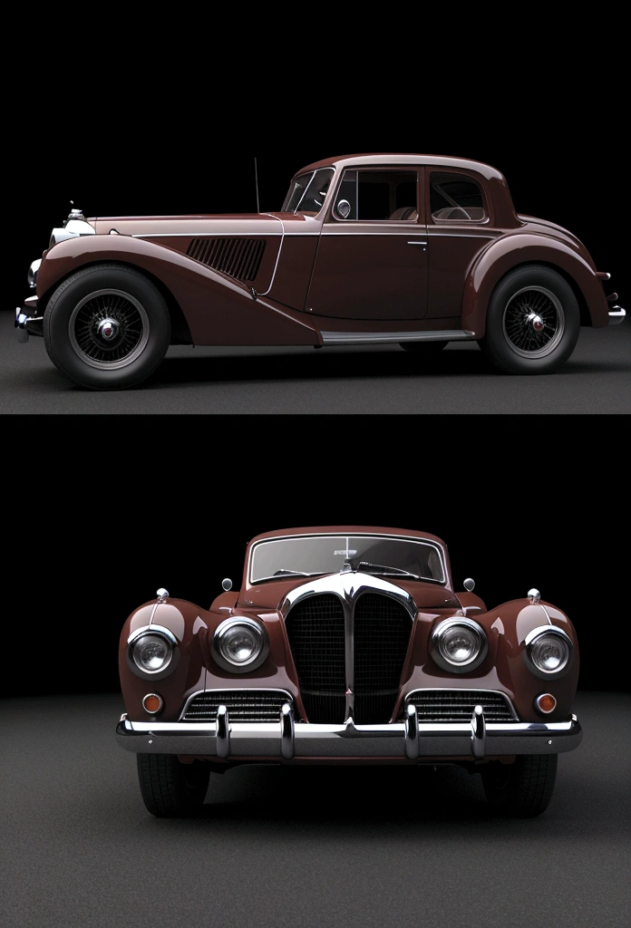 vintage cars, 3d, ultrarealistic, darkness background, side view