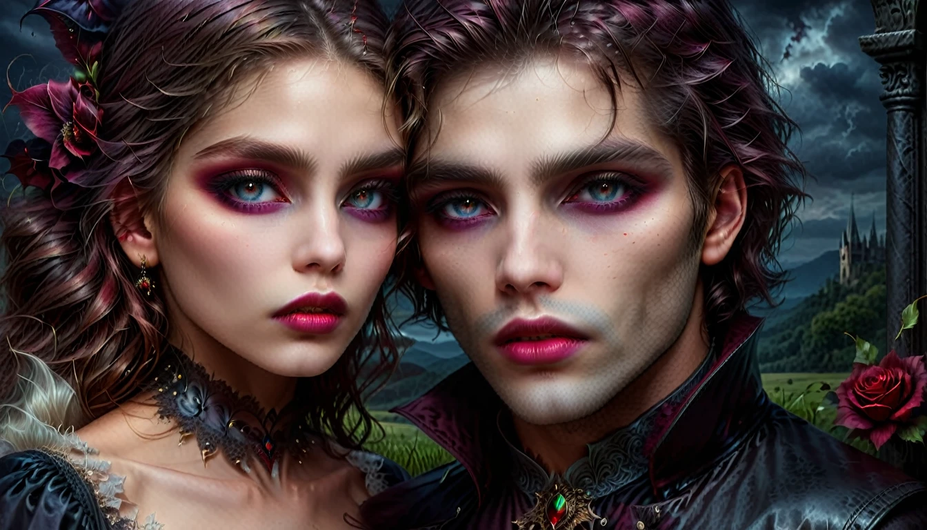a vampire couple, beautiful detailed eyes, beautiful detailed lips, extremely detailed eyes and face, long eyelashes, romantic vampire love story, dark fantasy, dark gothic, moody lighting, dramatic shadows, cinematic, chiaroscuro, deep crimson, burgundy, noir, (best quality,4k,8k,highres,masterpiece:1.2),ultra-detailed,(realistic,photorealistic,photo-realistic:1.37),dramatic lighting,dramatic contrast,hyper detailed,intricate details,exquisite details,vibrant colors,cinematic composition