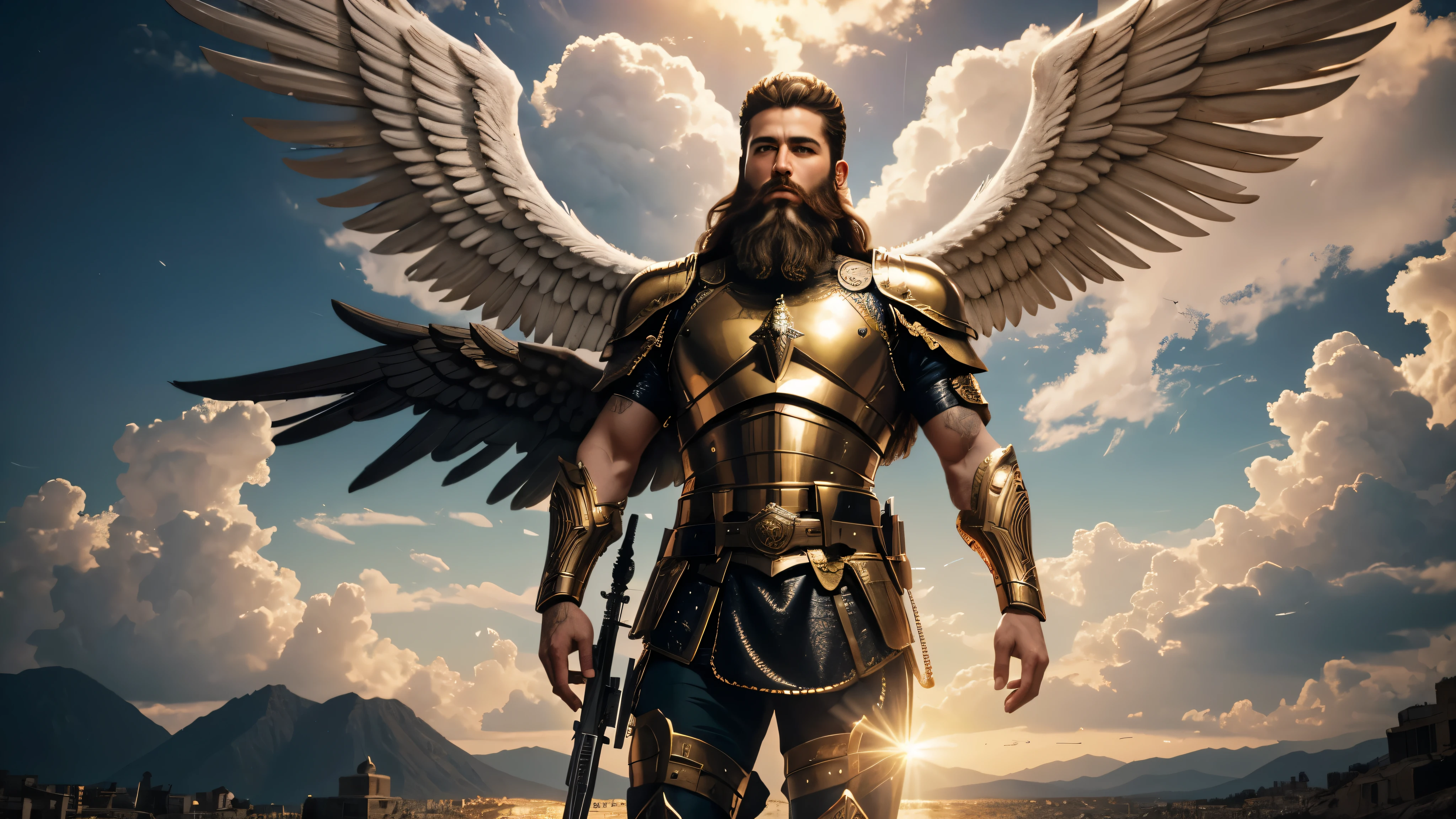 God's Angel, Anjo Masculino de GOD, God's golden Army, naughty man, Masculine Male, mighty, Jewish Hebrew Beard, Detailed Realistic God's Angel, photorrealistic, ultrahd, fotorrealism, epic, armour de Guerra, Soldier&#39;s Clothing, warrior de GOD, warrior, Macho warrior, battle angel, Forte Angel de GOD, Divina armour de Guerra, Dress for Battle, Spiritual war, Batalha Espiritual, Spiritual Battle Angel, epic warrior do Altíssimo, photorealistic landscape, golden sunset, sky, sky Power, Detailed realistic sunset, mountainous landscape, Rivers of water, sunset Realism, alone men, GOD man, Man&#39;s beard, GOD's Army Angel, armour Divina, golden Army, Silver Army, armour, Soldier Angel, Detalhes photorrealistics, GOD's angel masculino, GOD's Army, GOD's Hebrew, GOD's Strong Angel, GOD's Power, angel masculino, male man, Camisa padoru, elegant shirt, Closed blouse, closed shirt, long-sleeved shirt, golden, Tunica, GOD&#39;angel, barba, naughty man com barba, Large Beard, Barba Judaica, Hebrew, panorama, Alpha Male, Caminho para o sky, heavenly, 8K Detailed Realistic Image, 16K Photorealistic Contrast, 8K Photorealistic Sharpness, Photorealistic 4K cores, 16K Photorealistic Shadows, 8K Photorealistic Textures, 16K Photorealistic Texture, 4K Photorealistic Light, fotorrealism 4K, FullHD 4K Detailed Contrast, detailed sharpness FullHD 8K, detailed sharpness FullHD 4K, detailed sharpness, 2K detailed colors, lifelike colors, FullHD Detailed Shadows, 4K Detailed Textures, detailed texture, padoru, natural beautiful, posh 