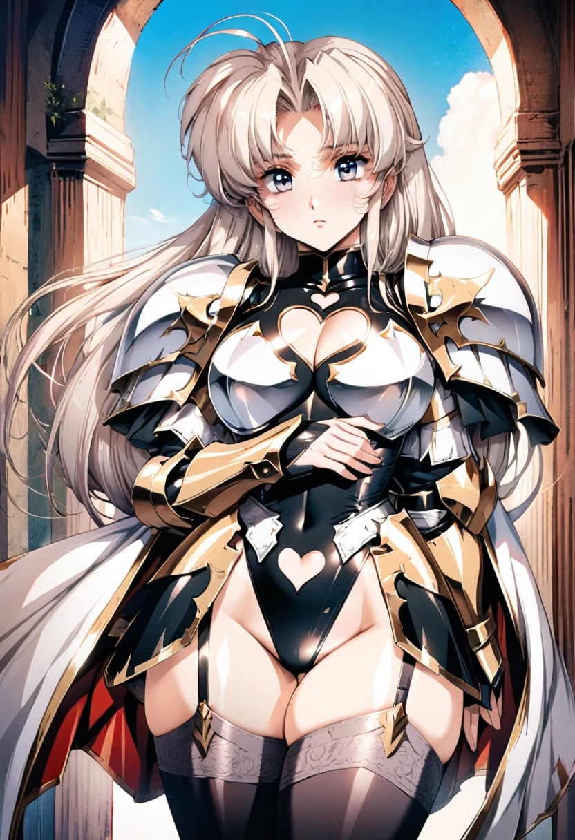 ((highest quality)), ((masterpiece)), ((hyperrealistic)), (detailed background), anime style, solo, 1girl, ((langrisser)), ((curvy: 1.2)), kawaii, ((armor dress)), white long hair, ahoge, forehead, parted bangs, (white paladin armor), ((black leotard: 1.3)), ((heart cutout black leotard: 1.3)), ((large breasts)), ((breastplate)), (corset), (zettai ryouiki black knee socks), ((gauntlet)), (big butt), (thighs), (groin), garter straps, beautiful eyes, perfect face, Perfect hands, perfect fingers, Blue sky and grassland,