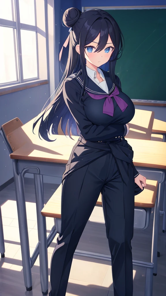 best quality, extremely detailed, anime style adult 1girl, long hair down to the waist, straight hair, ((dark black hair with bluish)),under bun,beautiful detailed eyes, pinched eyes, dark blue eyes, huge breasts,curvy,((((boys' school uniform)))),blazer,((((trousers)))),Clothes with a lot of cloth area,masculine attire,((handsome)),((classroom with light coming in))