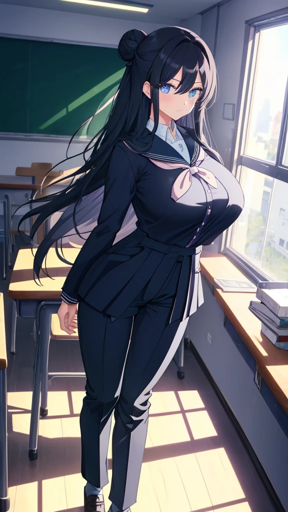 best quality, extremely detailed, anime style adult 1girl, long hair down to the waist, straight hair, ((dark black hair with bluish)),under bun,beautiful detailed eyes, pinched eyes, dark blue eyes, huge breasts,curvy,((((boys' school uniform)))),blazer,((((trousers)))),Clothes with a lot of cloth area,masculine attire,((handsome)),((classroom with light coming in))