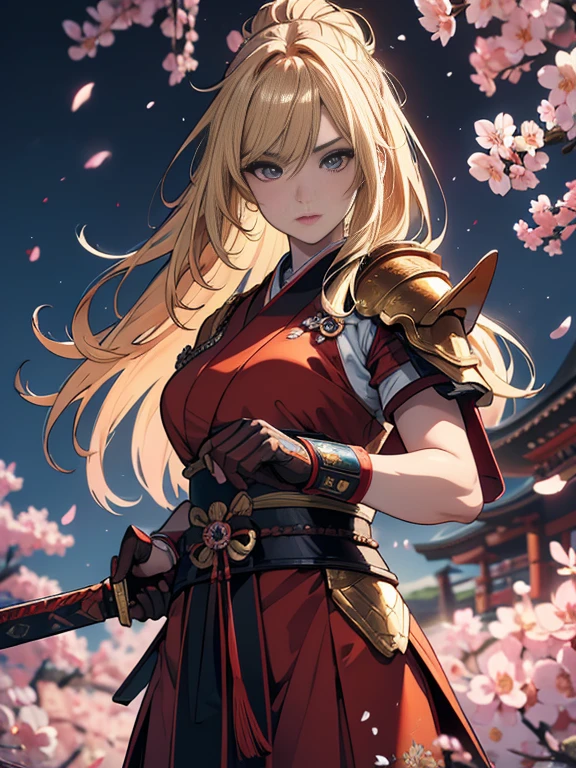 (best quality,4k,8k,highres,masterpiece:1.2), realistic, vivid colors, long blonde hair adorned with many colorful flowers, beautiful detailed eyes, beautiful detailed lips, extremely detailed eyes and face, heavy red armor, samurai girl, strong and confident posture, samurai sword shining in the sunlight, cherry blossom petals floating in the air, vibrant and dynamic background, traditional Japanese art style, strong and dramatic lighting, intense and powerful aura.