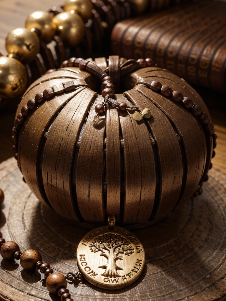 a prayer beads cord of brown beads with metalic medal carved with a tree, on a table, over a book, focus in the medal