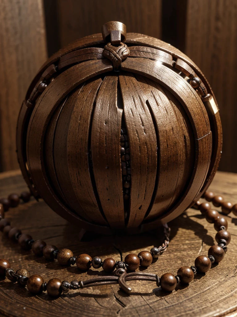 a prayer beads cord of brown beads with metalic medal carved with a tree, on a table, over a book, focus in the medal