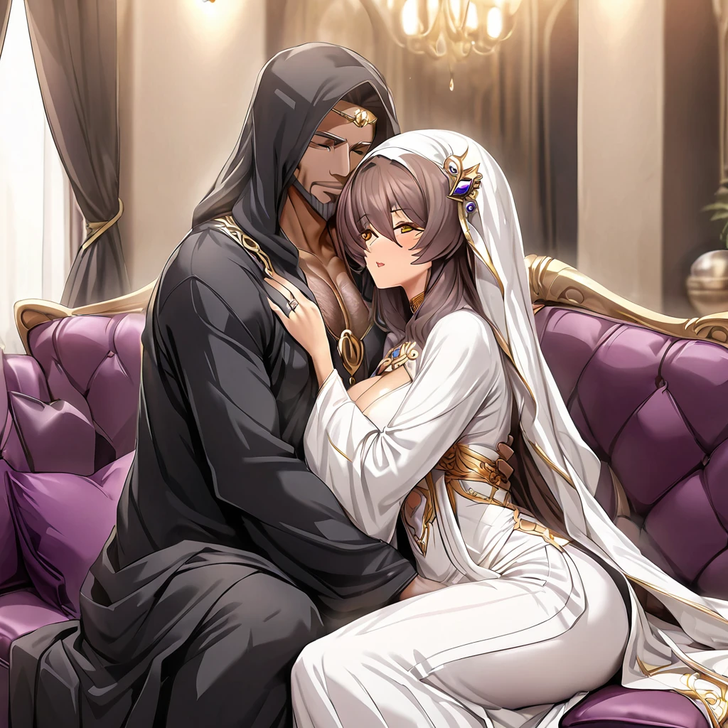 ((Highest quality)), ((masterpiece)), (detailed), (Perfect Face)、The woman is a devout Muslim Marina Katsuragi, an Arab with vivid brown skin. She is wearing a gorgeous, glittering abaya with gold embroidery, a gorgeous hijab, a gorgeous hair ornament, gorgeous jeweled accessories and an engagement ring in a luxurious Islamic mansion. The woman and the man are sitting on a gorgeous, large sofa in the luxurious room, and the woman is passionately embracing and passionately deep kissing the dignified, bearded, middle-aged Arab Muslim man wearing Arab national dress, making passionate love as a married couple.、The woman is the elegant Marina Katsuragi, a Muslim Arab with bright brown skin and semi-long brown hair, wearing an abaya and a gorgeous hijab.、(The woman is a dark-skinned Arab devout Muslim named Marina Katsuragi)、The man is a Muslim, dignified, strong-looking, bearded, middle-aged Arab man wearing traditional Arab clothing.