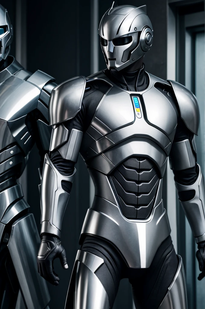 Metallic gray android with defined and fine body with a man&#39;s face 