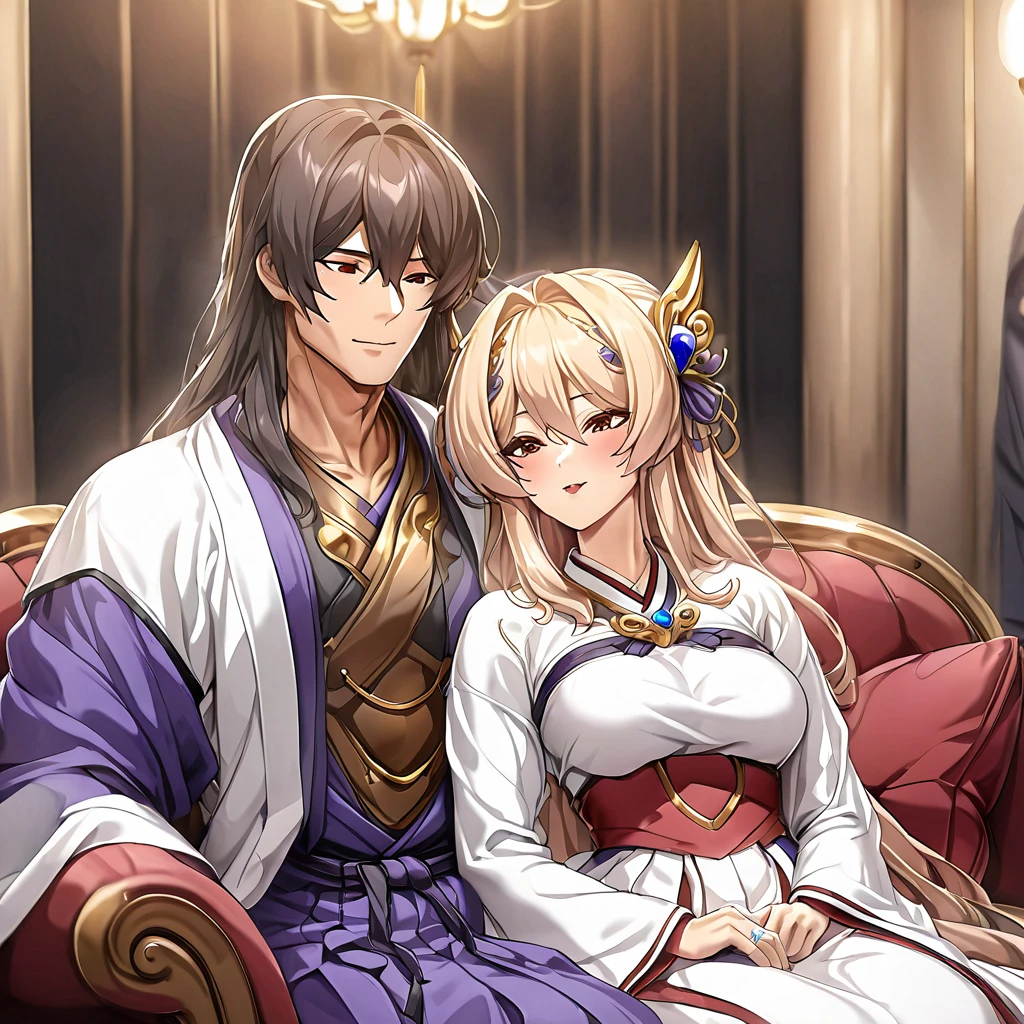 ((Highest quality)), ((masterpiece)), (detailed), （Perfect Face）、The woman is a Korean woman named Marina Katsuragi, and is wearing a gorgeous, dazzling traditional Korean dress called a hanbok (traditional Korean dress), a gorgeous hair ornament, gorgeous jeweled accessories, and an engagement ring in a luxurious Korean mansion. The woman and the man are sitting on a luxurious, large sofa in the luxurious room, and the woman is passionately embracing and passionately kissing the middle-aged Korean man wearing a dignified and sturdy hanbok, making passionate love as husband and wife.、The woman is the elegant Marina Katsuragi, a Korean with brown semi-long hair wearing a traditional Korean dress called a chimachogori.、The man is a dignified, sturdy middle-aged Korean man wearing the traditional Korean dress, Hanbok.