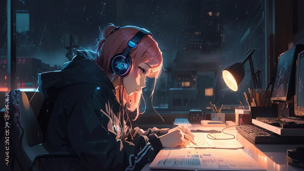 anime girl with headphones sitting at a desk in the rain, digital anime illustration, lofi portrait, digital anime art, anime styled digital art, anime style illustration, digital concept art illustration, anime style digital art, detailed 2d illustration, realistic artstyle, anime digital art, anime style 4 k, calm night. digital illustration, lofi artstyle, anime illustration