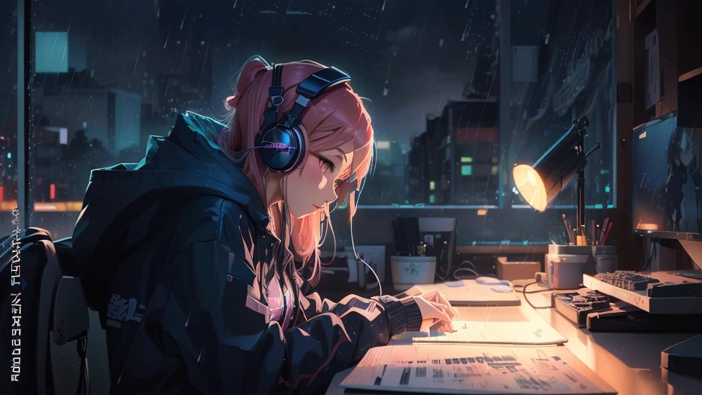 anime girl with headphones sitting at a desk in the rain, digital anime illustration, lofi portrait, digital anime art, anime styled digital art, anime style illustration, digital concept art illustration, anime style digital art, detailed 2d illustration, realistic artstyle, anime digital art, anime style 4 k, calm night. digital illustration, lofi artstyle, anime illustration
