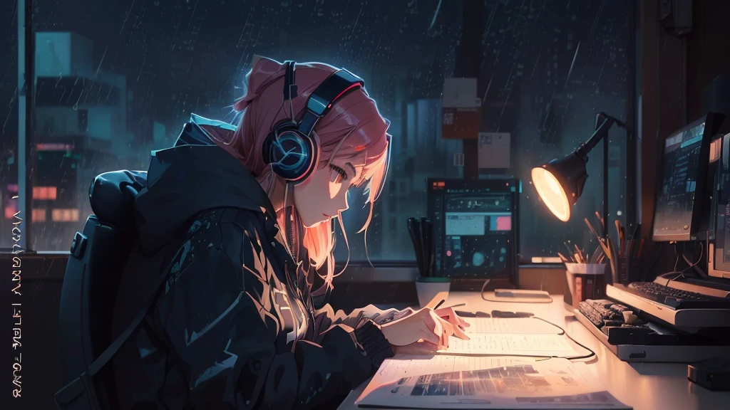 anime girl with headphones sitting at a desk in the rain, digital anime illustration, lofi portrait, digital anime art, anime styled digital art, anime style illustration, digital concept art illustration, anime style digital art, detailed 2d illustration, realistic artstyle, anime digital art, anime style 4 k, calm night. digital illustration, lofi artstyle, anime illustration