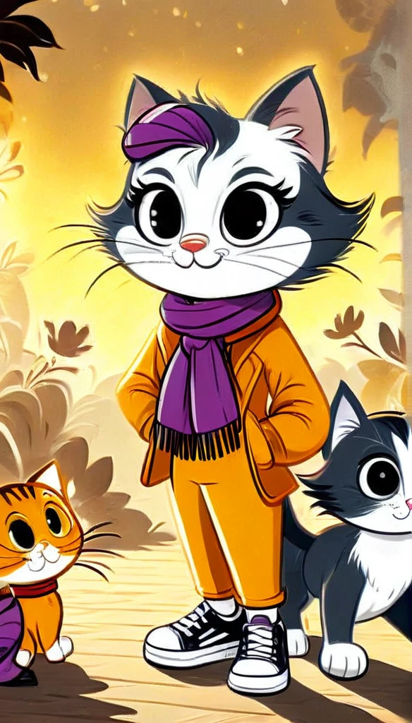 ((melhor qualidade)), ((Obra de arte)), (detalhado), A stunning high-quality 8K cartoon illustration featuring a charming  and her adorable kitten. The kitty, with charming white and orange fur, sports an extravagant flower headband and wears an adorable purple and yellow scarf, complete with stylish sneakers. The girl, dressed in a matching pink and purple jumpsuit, wears glasses and sneakers, her cheerful expression and playful demeanor capturing her adventurous spirit. The background exudes a dreamy and warm atmosphere with a golden glow, enhancing the magical ambiance of the scene. The intricate details, vibrant colors, and professional finish of this 3D illustration make it truly captivating, immersing viewers in the animated world of this charming duo., illustration