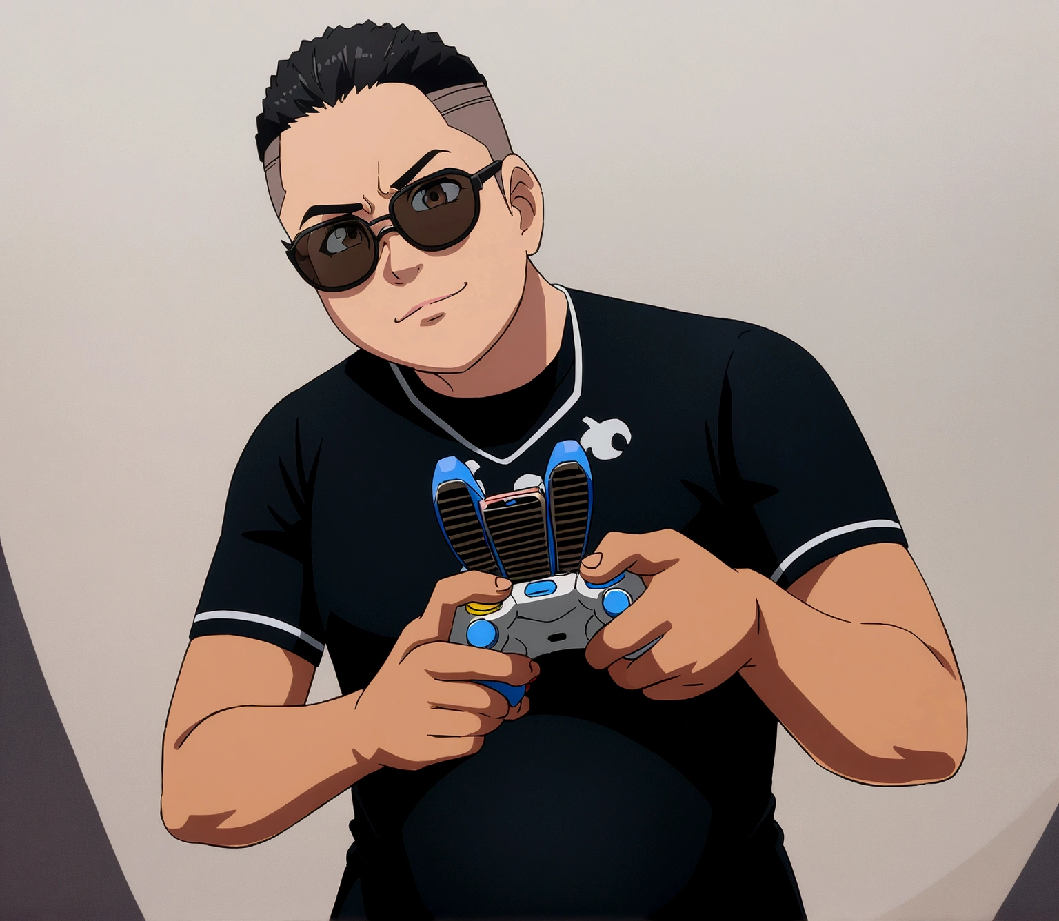 Dark-skinned man in black jacket and sunglasses standing on the street, undercut haircut, Bblack hair, holding a controller, natta, anime 8K foda, anime wallpaper 4k, 4K anime-style, 8K anime art wallpaper.