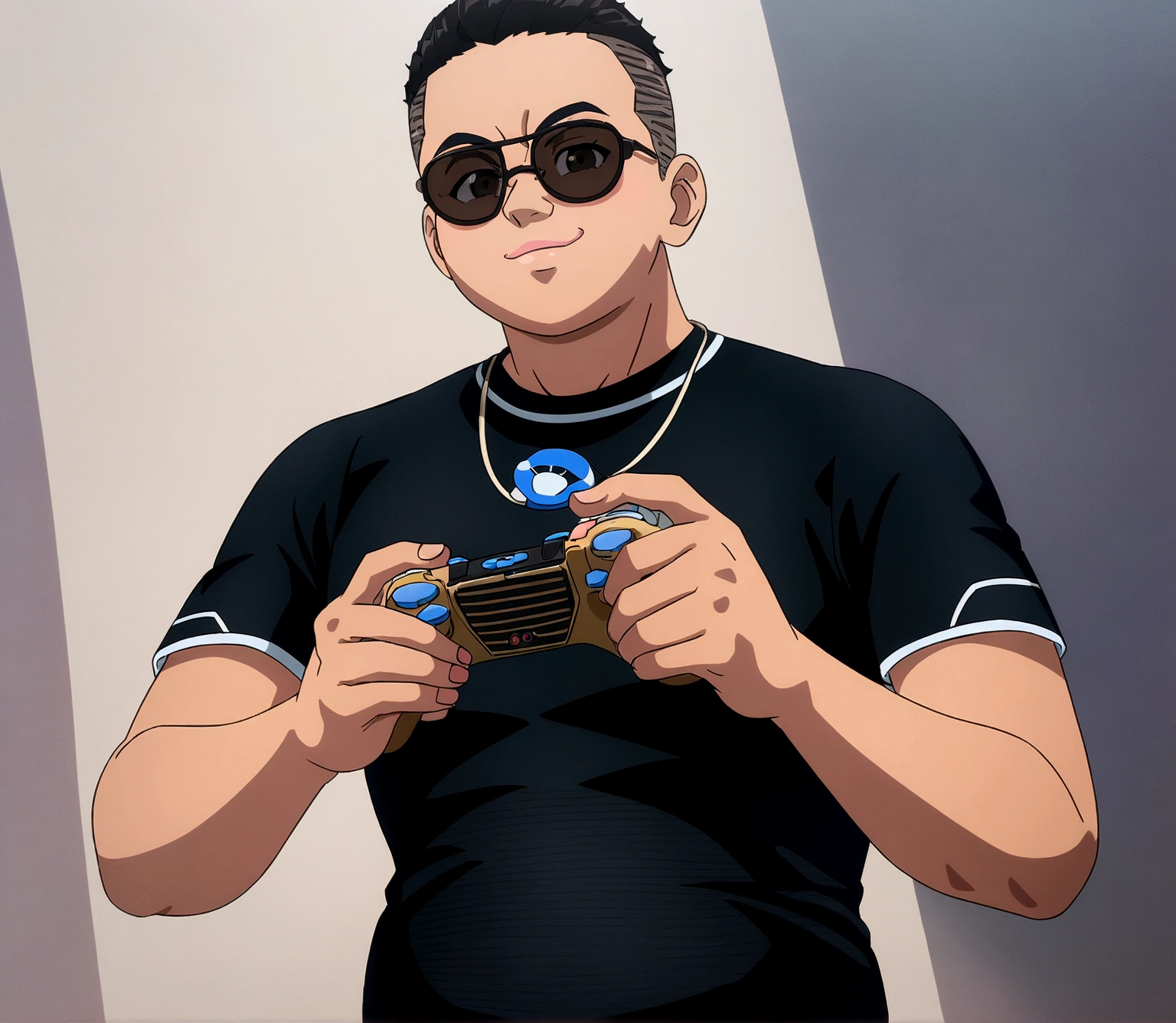 Dark-skinned man in black jacket and sunglasses standing on the street, undercut haircut, Bblack hair, holding a controller, natta, anime 8K foda, anime wallpaper 4k, 4K anime-style, 8K anime art wallpaper.