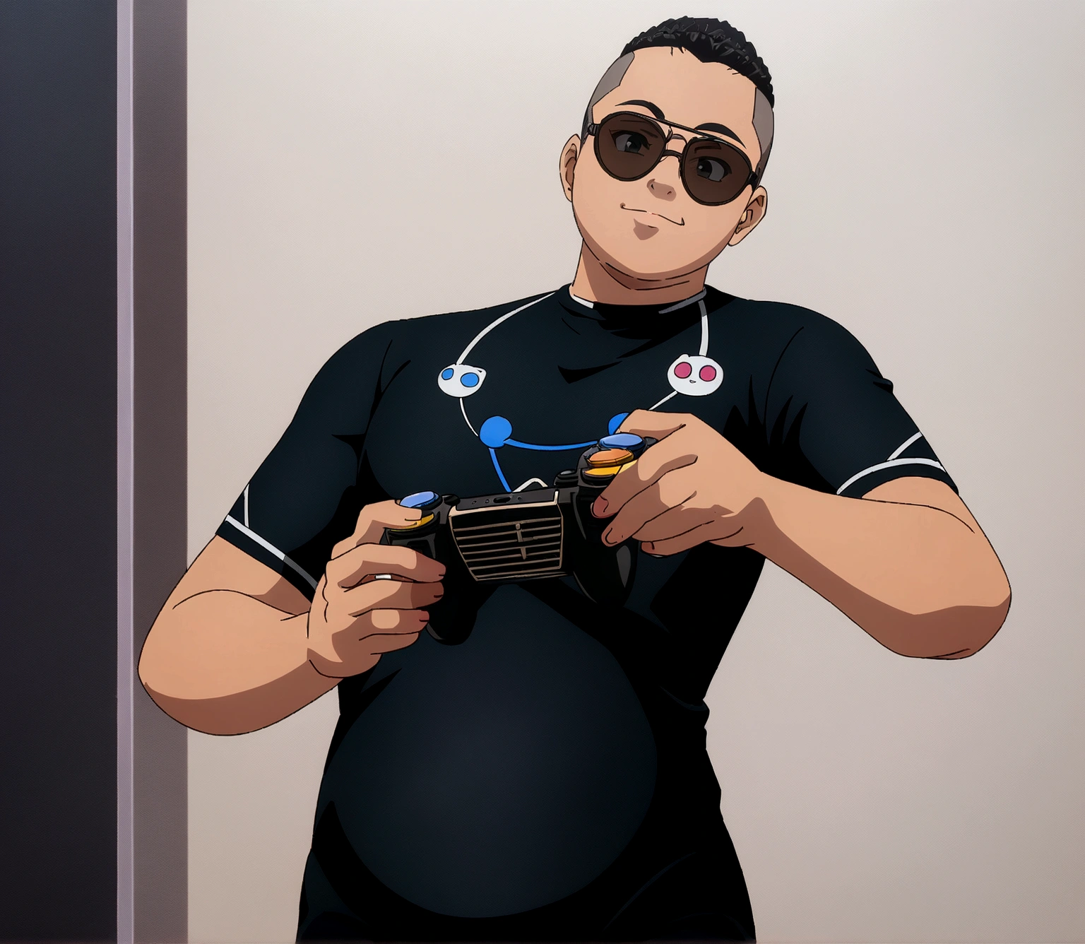 Dark-skinned man in black jacket and sunglasses standing on the street, undercut haircut, Bblack hair, holding a controller, natta, anime 8K foda, anime wallpaper 4k, 4K anime-style, 8K anime art wallpaper.