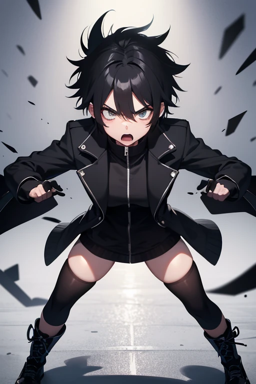 Extremely angry tomboy girl ,super attractive and strong personality black coat outfit and black and white hair,athletic body