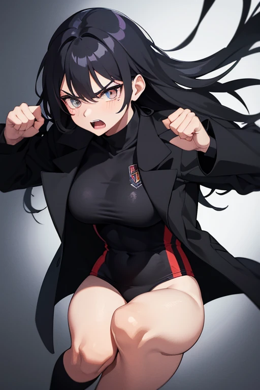 Extremely angry tomboy girl ,super attractive and strong personality black coat outfit and black and white hair,athletic body 