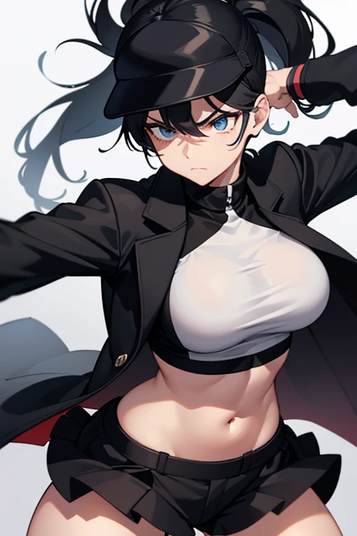 Extremely angry tomboy girl ,super attractive and strong personality black coat outfit and black and white hair,athletic body 